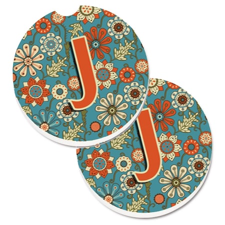 Carolines Treasures Letter J Flowers Retro Blue  Cup Holder Car Coaster, PK2 CJ2012-JCARC